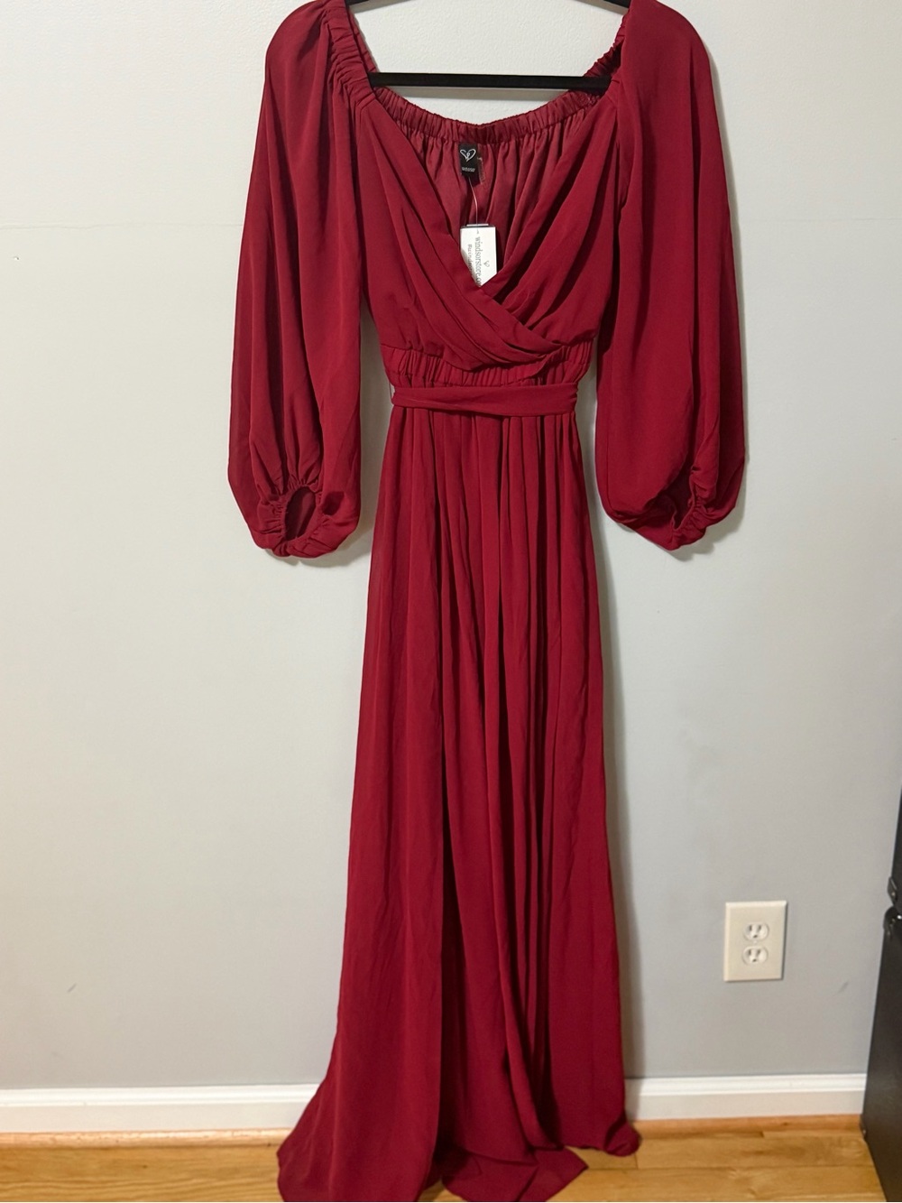 NWT Windsor Burgundy Maxi Dress S Chiffon Wrap Balloon Sleeve Formal Gown